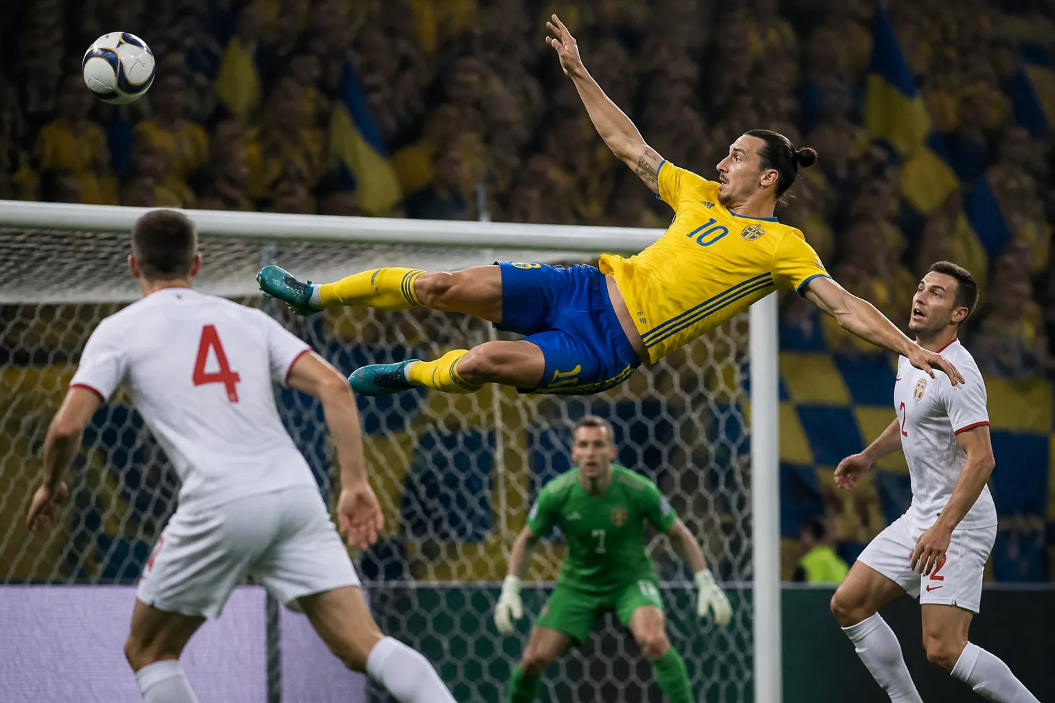 A fictional Swedish national-team star striker attempting an acrobatic finish