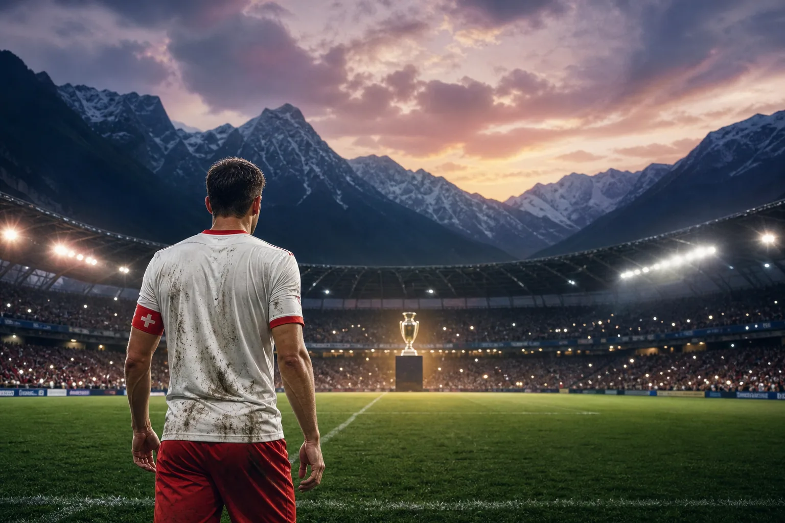 A fictional Swiss captain facing a distant major trophy between alpine mountains and a floodlit stadium