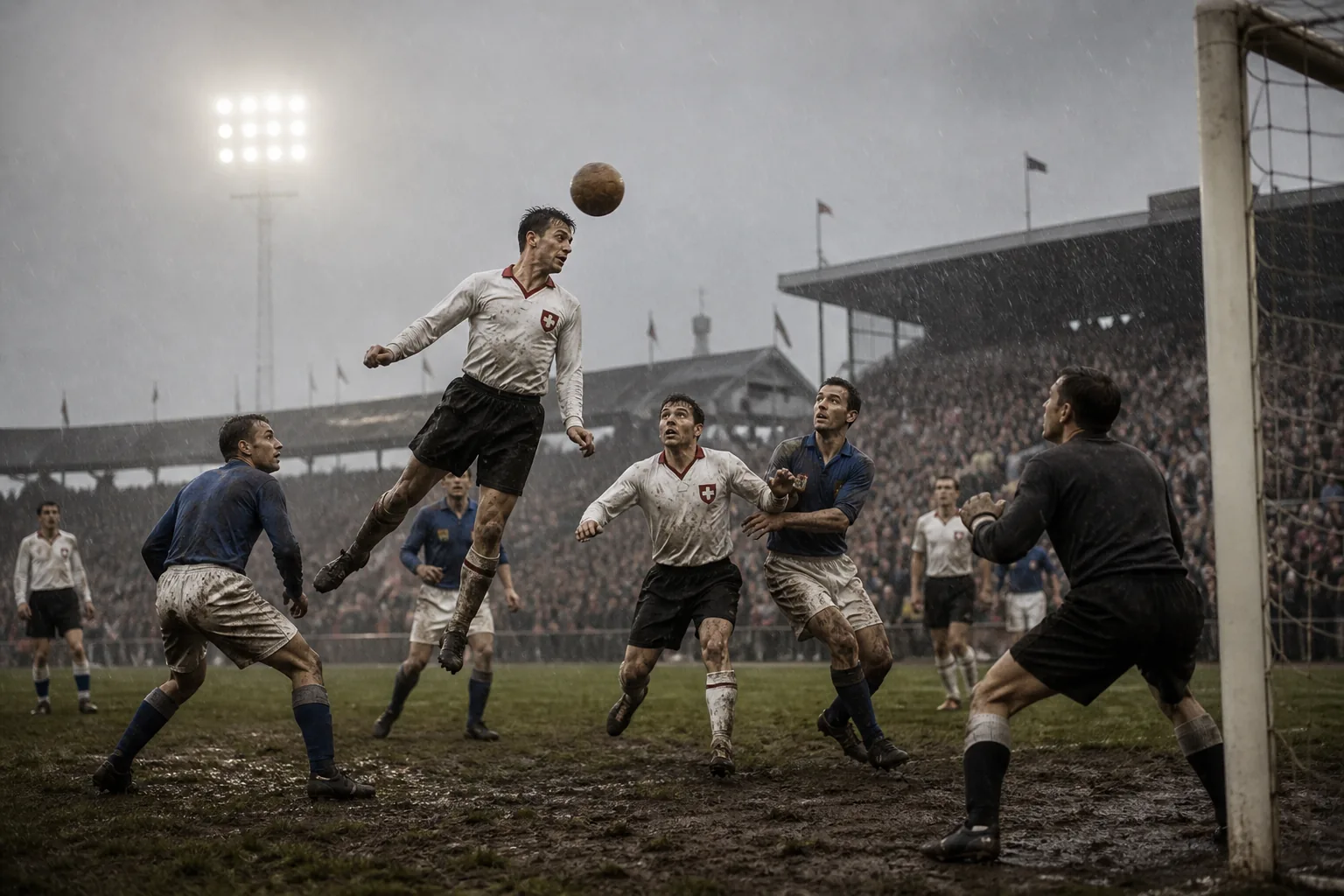 Fictional Swiss footballers contesting a decisive header in a rain-soaked early World Cup match
