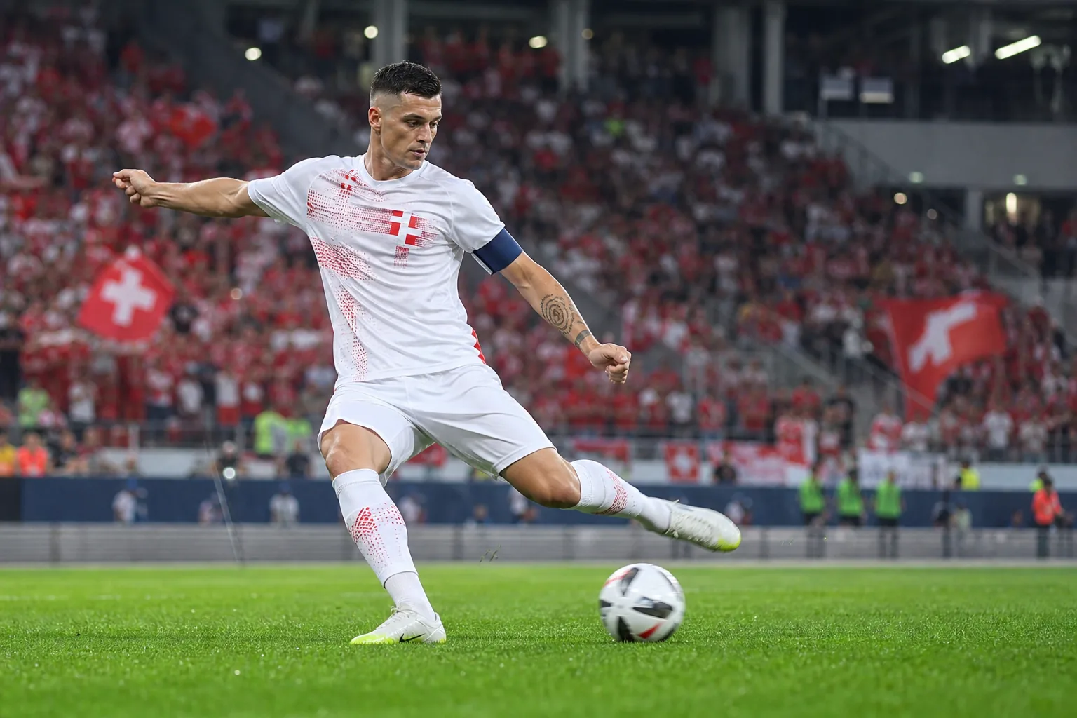 A fictional Swiss national-team midfield star directing a powerful long pass
