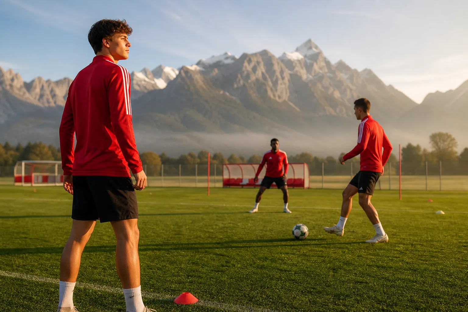 Fictional young Swiss footballers training beneath the Alps at sunrise