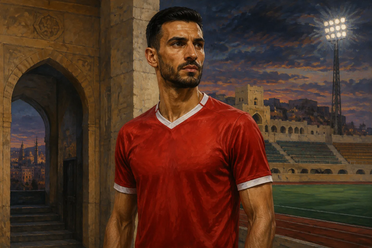 Portrait illustration inspired by Omar Al-Somah in red kit at a Damascus-inspired stadium