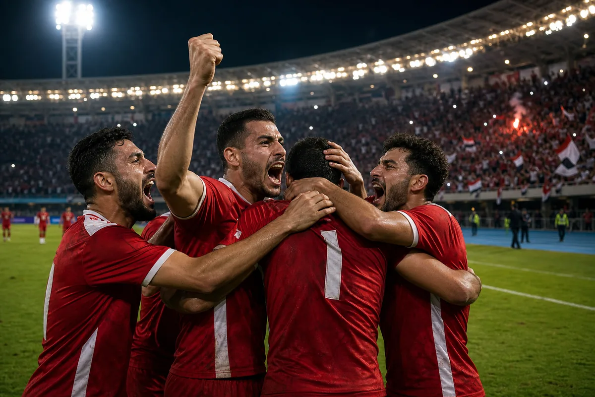 A Damascus football stadium-inspired ground prepared for an AFC match with red-and-white flags and hills behind the pitch