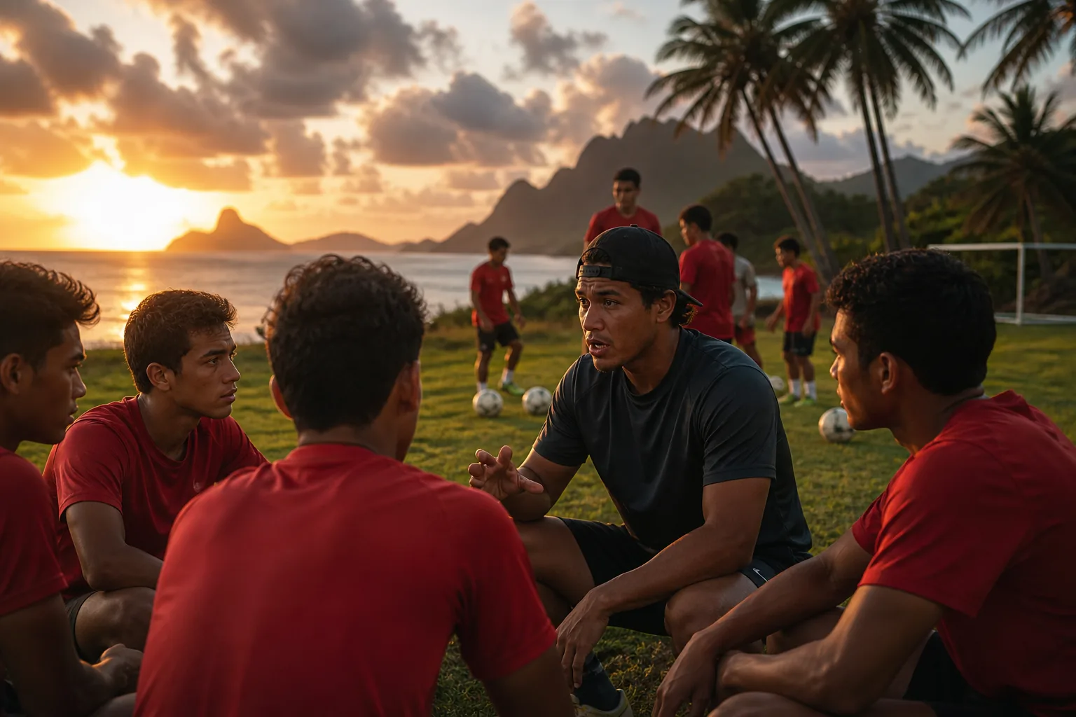 Young Tahitian footballers training with a coach at sunset beside a tropical Pacific pitch
