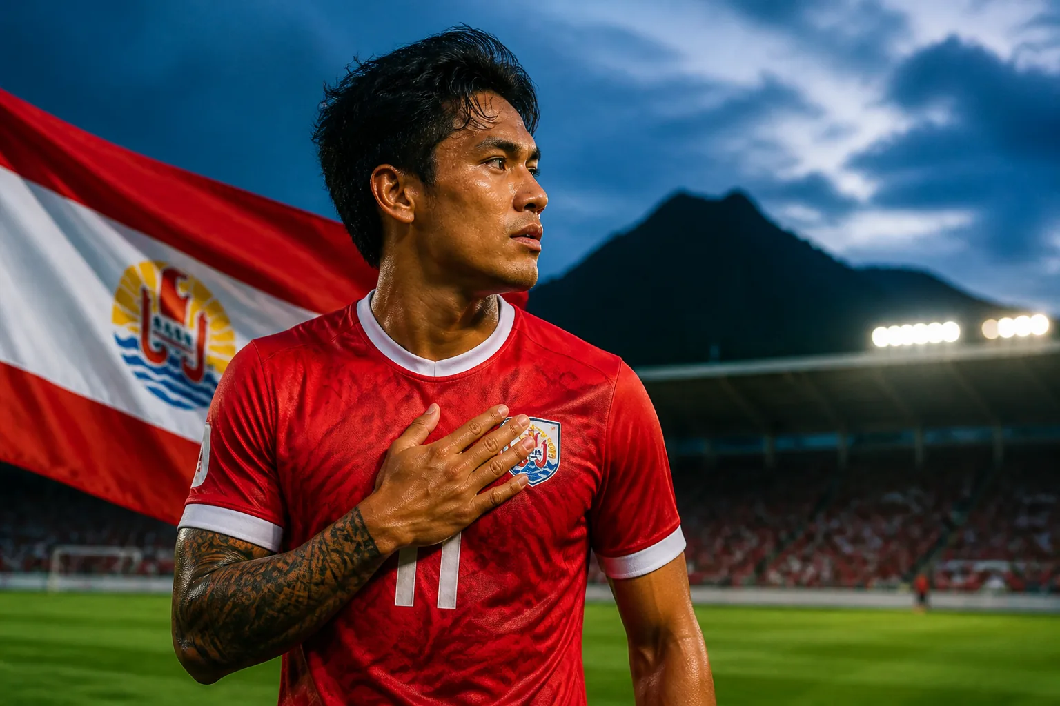 A fictional editorial portrait inspired by Tahiti striker Steevy Chong Hue in a red national-team kit