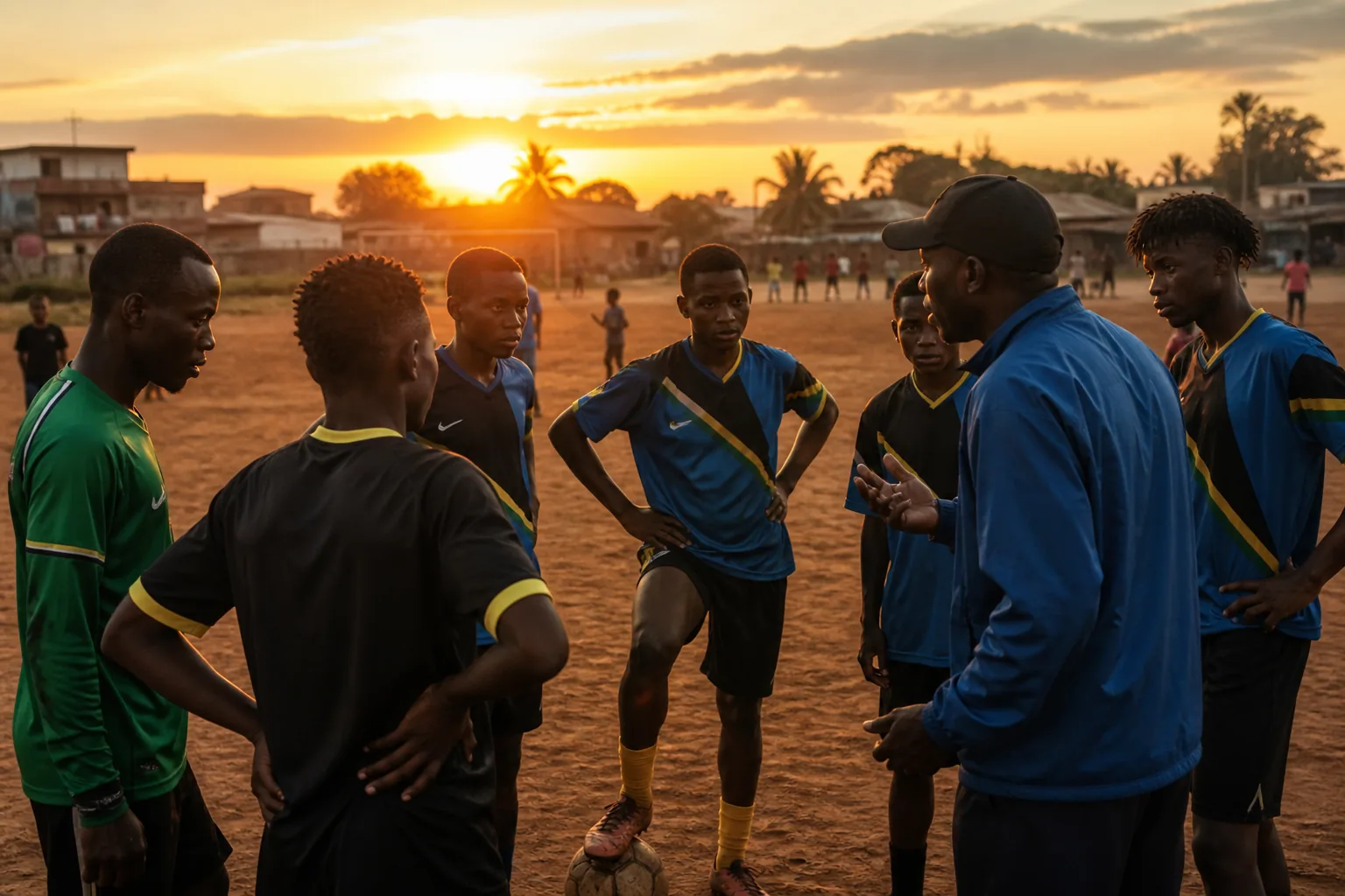 Young Tanzanian footballers training with a coach at sunset