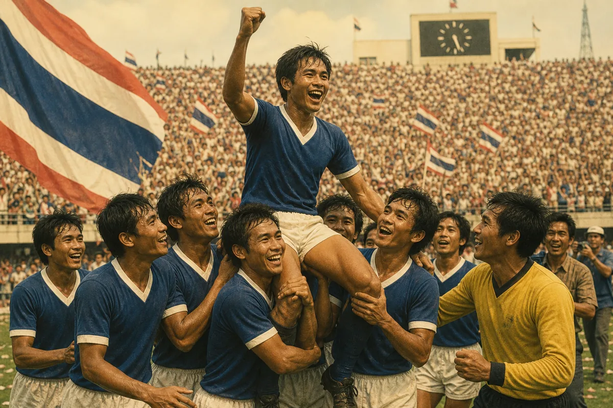 Fictional Thailand players celebrating their 1972 Asian Cup semi-final and third-place breakthrough in a packed Bangkok stadium