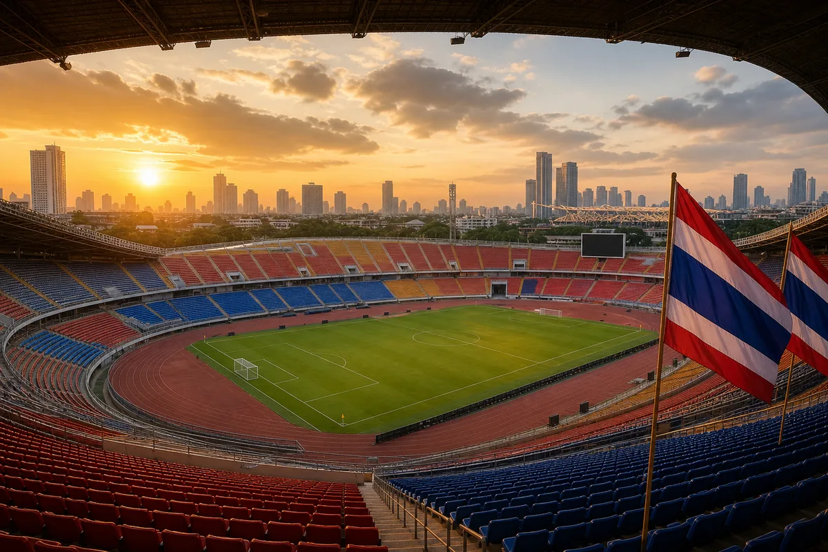 A Bangkok football stadium-inspired ground prepared for an international match with red, blue and white flags and tropical city haze