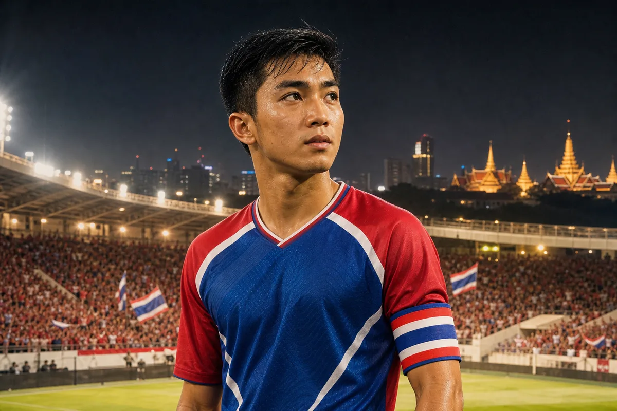 A fictional Thailand national-team captain inspired by Chanathip Songkrasin standing before a Bangkok night stadium with red, blue and white flags