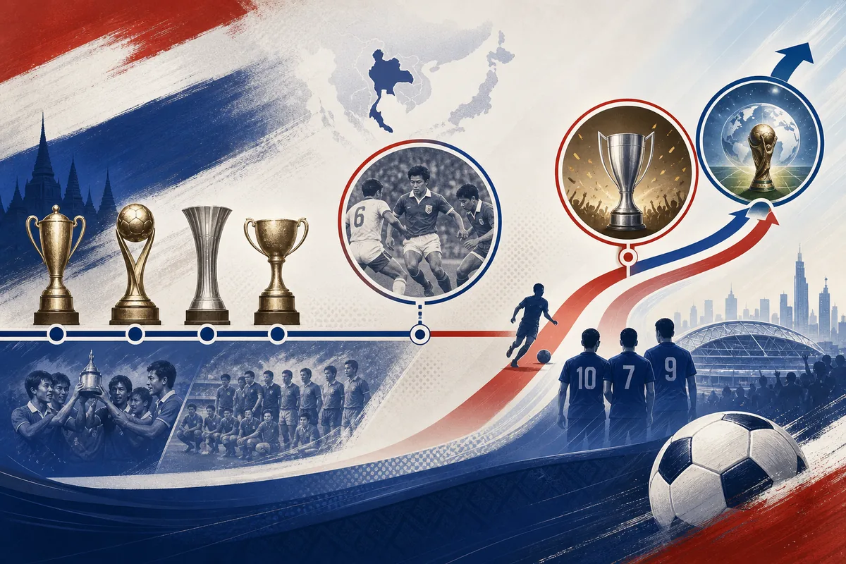 Text-free editorial timeline illustration of Thailand's regional titles, 1972 Asian Cup semi-final and target of a first Asian Cup final and World Cup appearance