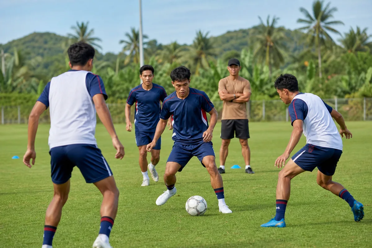 Fictional Thailand national-team players working through a modern technical drill on a tropical training ground with their coach