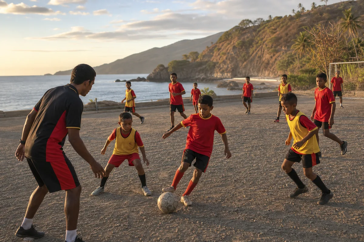 Fictional Timor-Leste youth players in a lively community football session on a compact coastal pitch with a coach