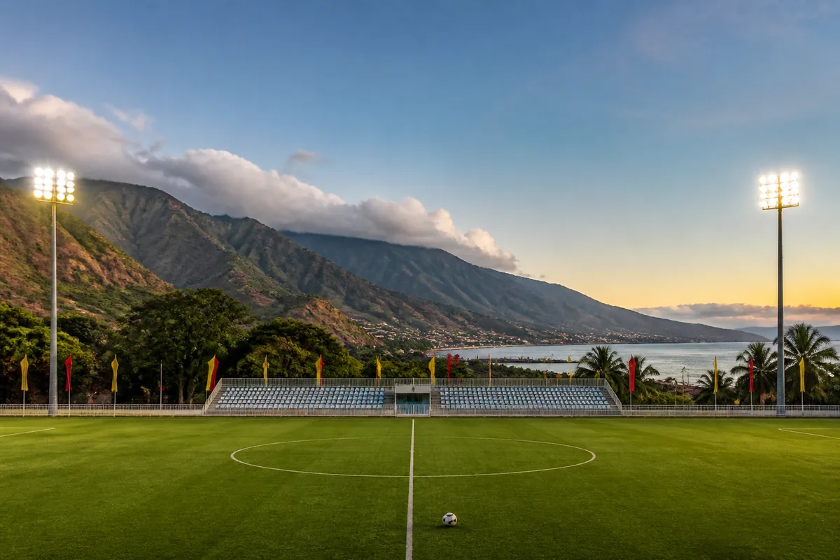 A football pitch in Dili with tropical mountains and the sea behind it, floodlights beginning to glow and red-and-yellow flags