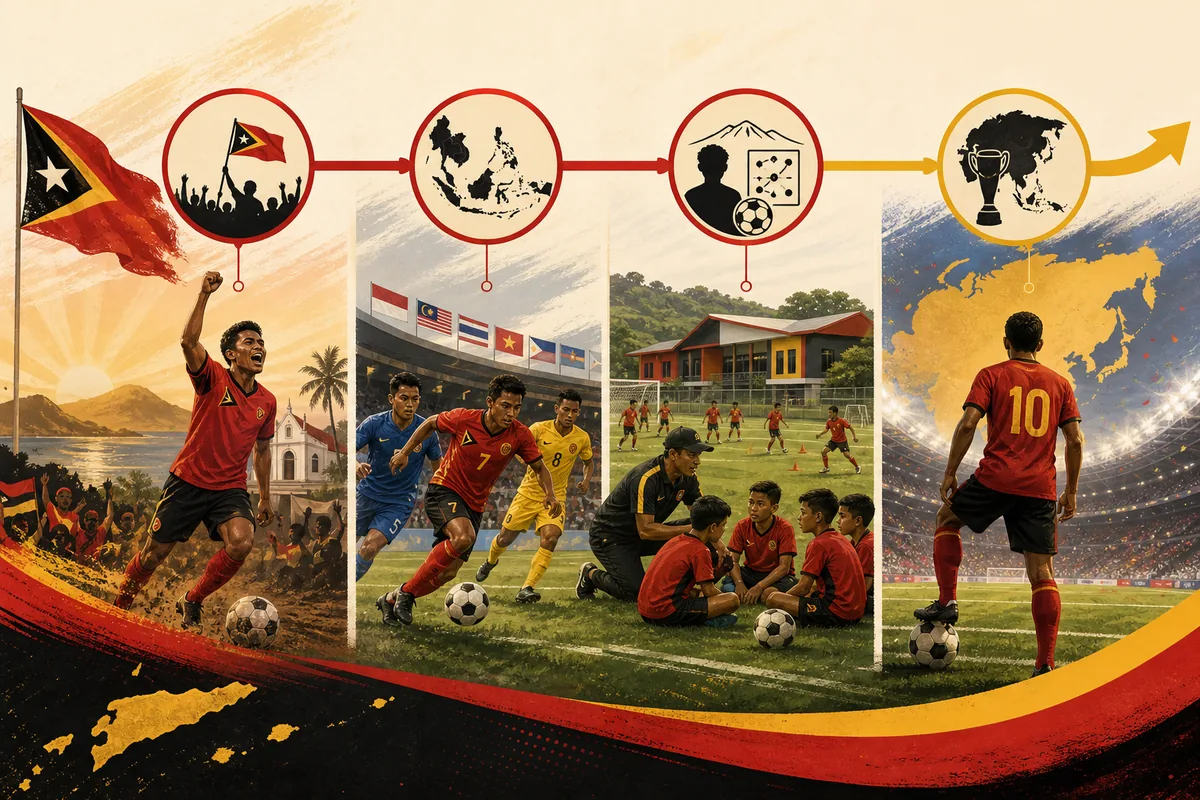 Text-free editorial timeline illustration of Timor-Leste's independence-era debut, regional matches, youth development and Asian Cup qualifying target