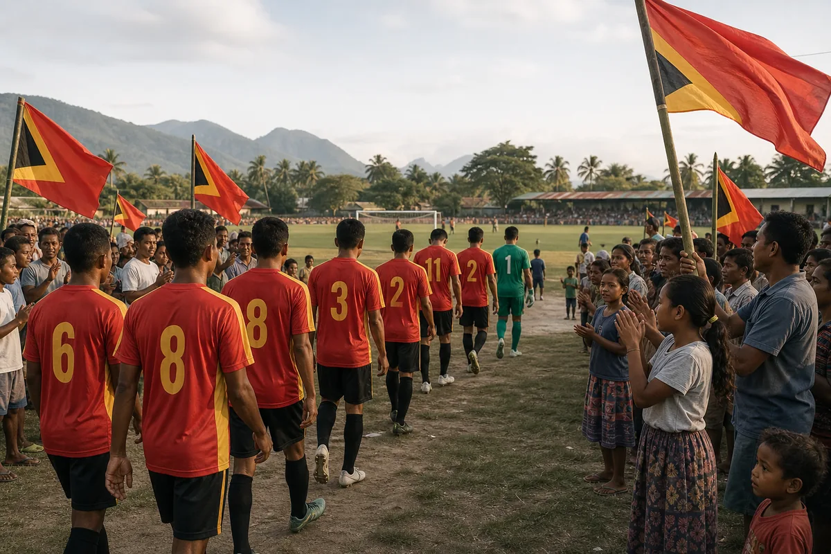 Fictional Timor-Leste players walking onto a modest Dili football ground for an early international debut