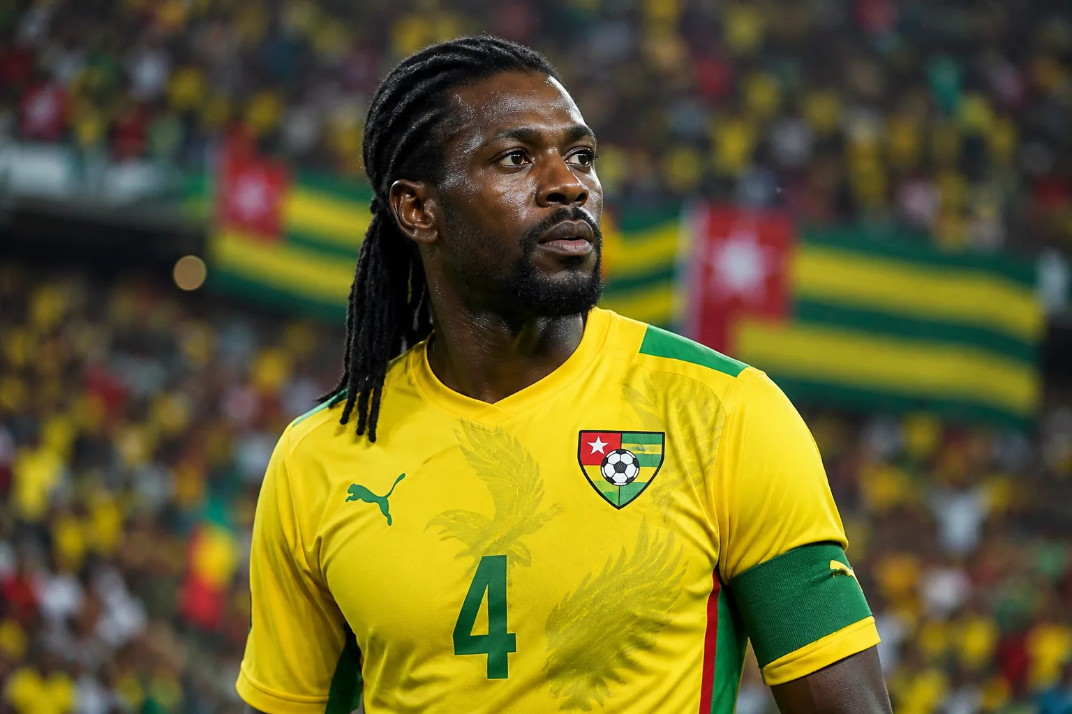 A fictional editorial portrait inspired by Togo football legend Emmanuel Adebayor in a yellow Sparrow Hawks kit