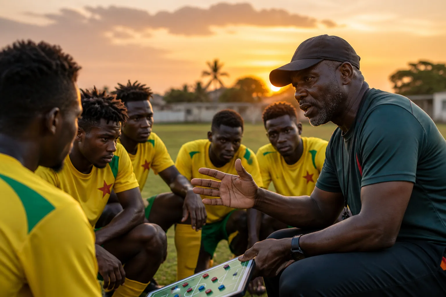 Young Togolese footballers training with an experienced coach at sunset