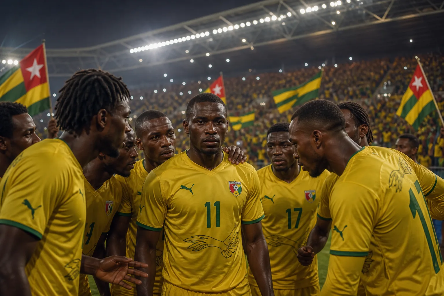 Togo Sparrow Hawks preparing together before an Africa Cup of Nations match in yellow kits