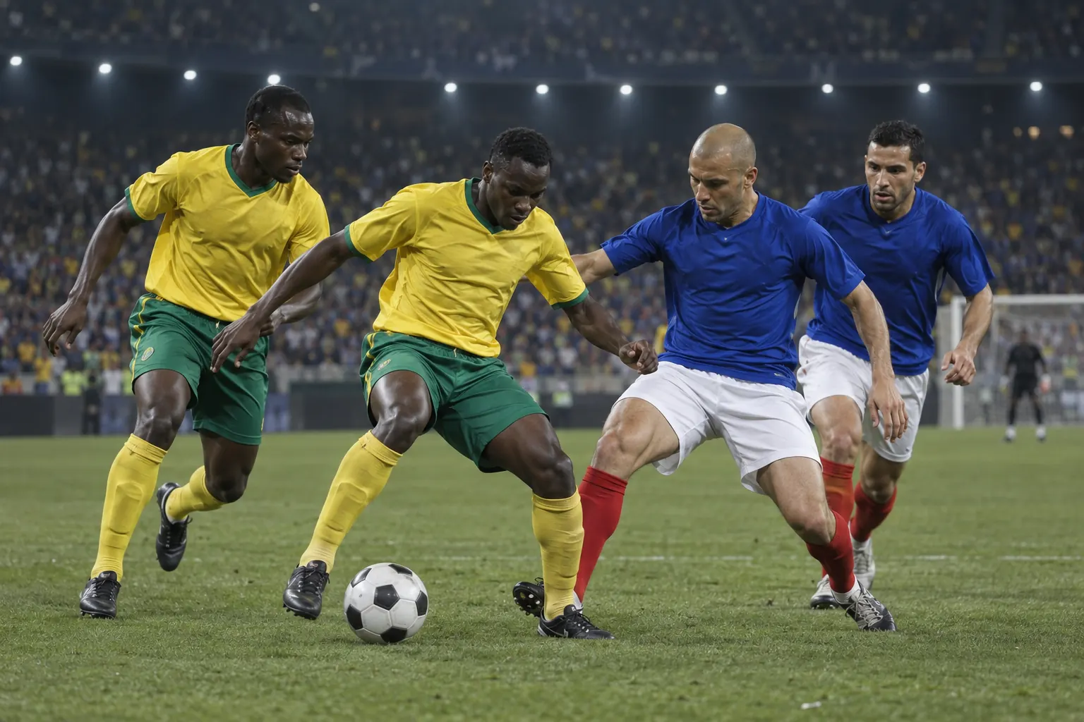 Togo footballers in yellow competing against a blue-clad opponent at the 2006 World Cup