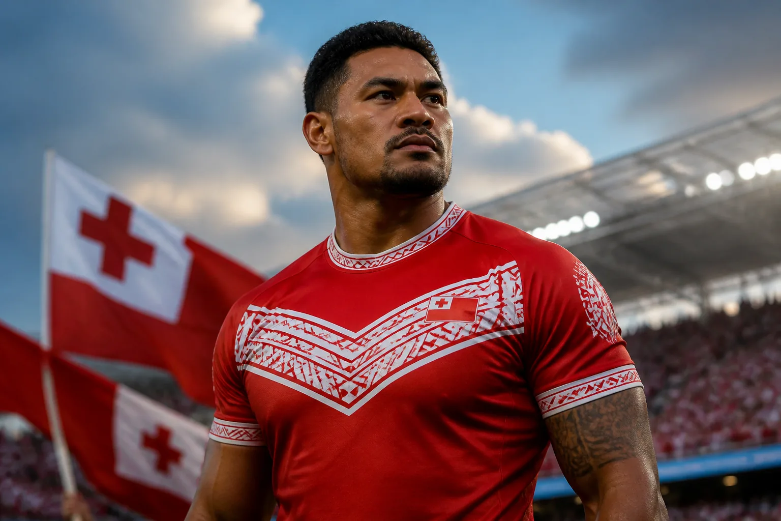 A fictional editorial portrait inspired by Tonga footballer Kaliopate Tavita in a red Friendly Islands kit