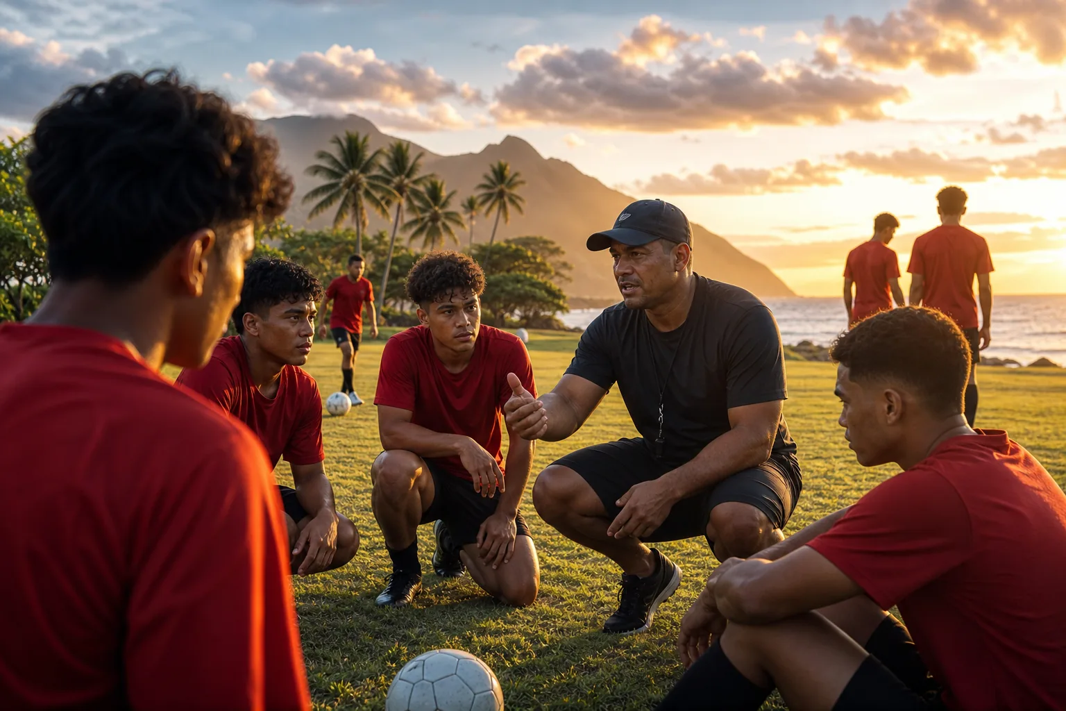 Young Tongan footballers training with a coach at sunset on a Pacific island pitch