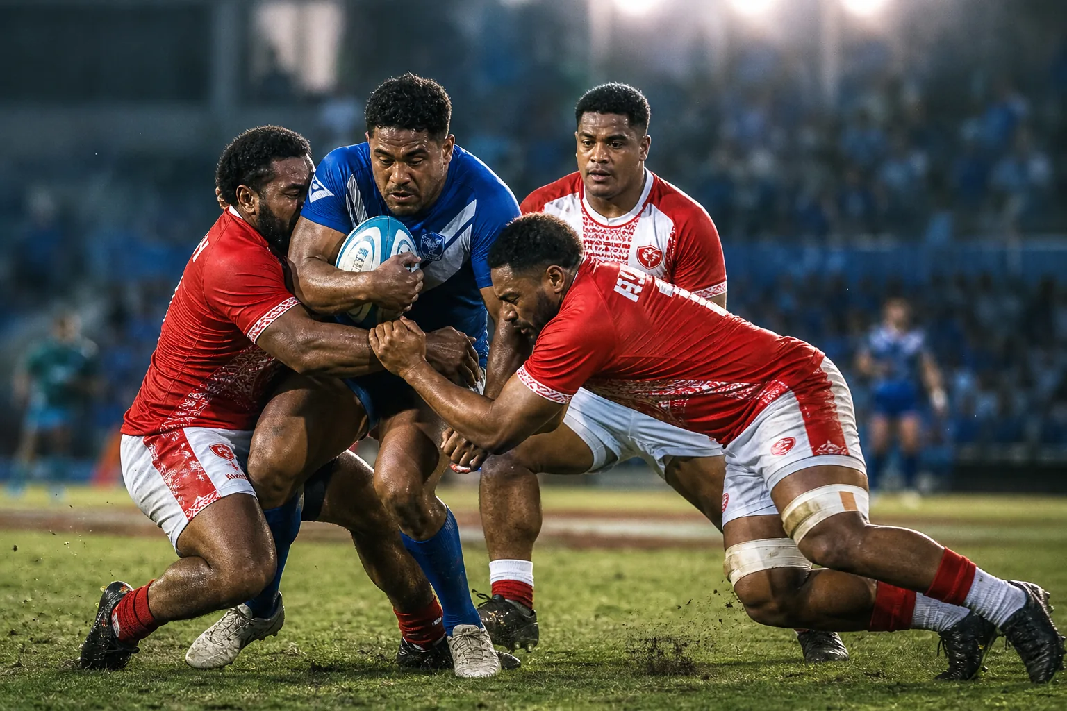Tonga players battling a stronger OFC opponent in a tense qualifier