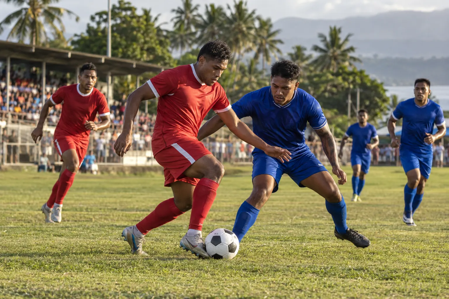 Tonga footballers in red contesting an association football World Cup qualifier against Samoa