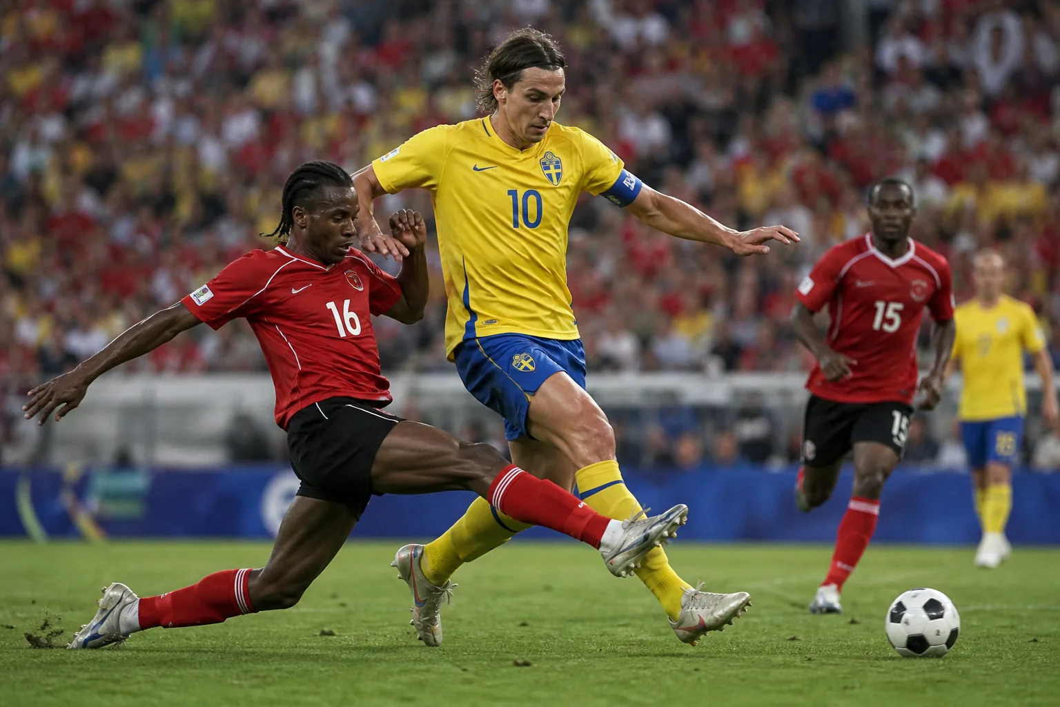 Trinidad and Tobago footballers holding their own in a dramatic 2006 World Cup-style match