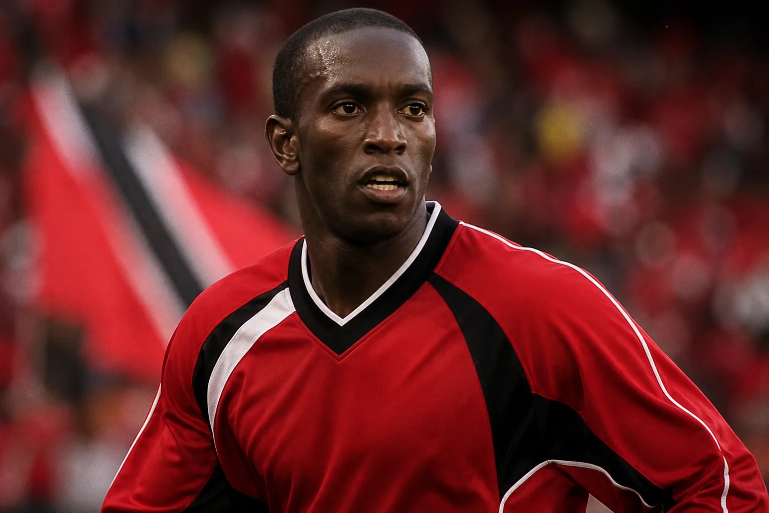 A fictional editorial portrait inspired by Trinidad and Tobago football legend Dwight Yorke in a red Soca Warriors kit