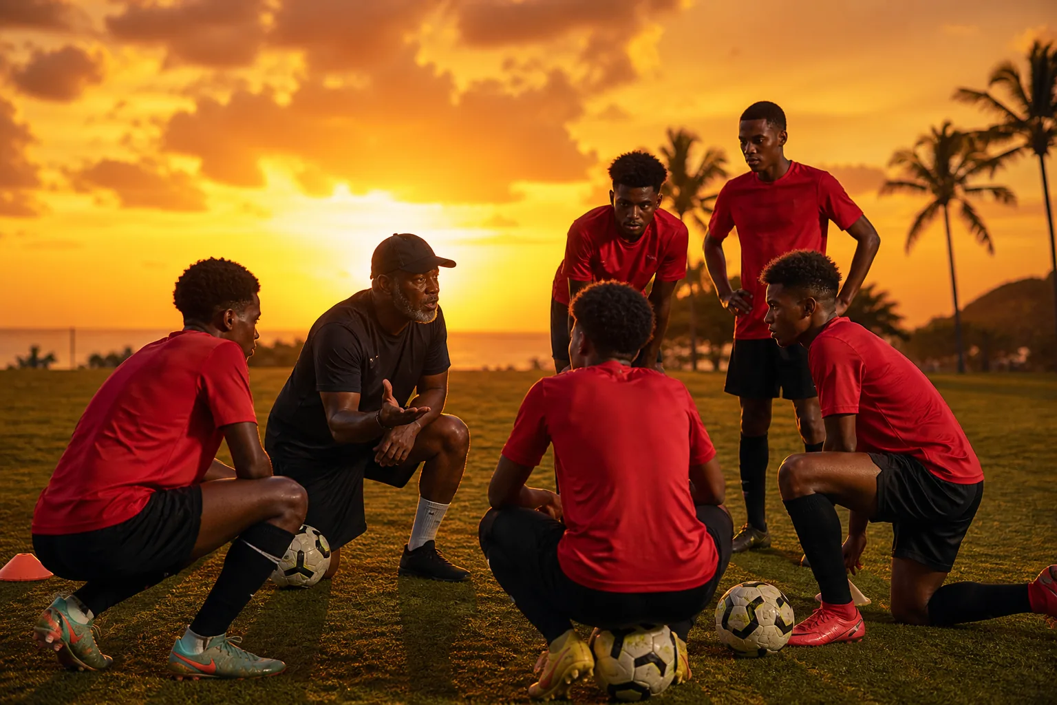 Young Trinidad and Tobago footballers training with an experienced coach at sunset