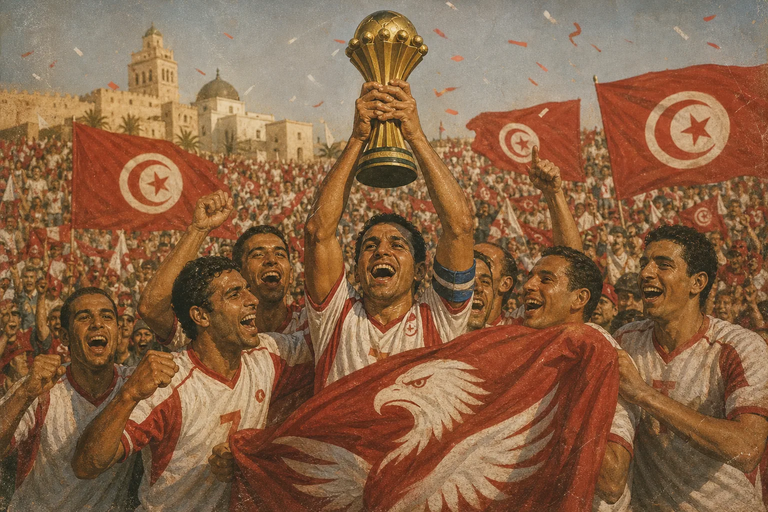 Fictional Tunisian footballers lifting the 2004 Africa Cup of Nations trophy before a jubilant home crowd