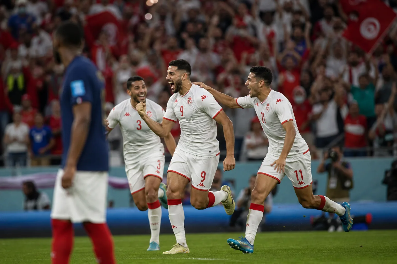 Fictional Tunisian players celebrating a late goal against a blurred blue-shirted opponent at the 2022 World Cup