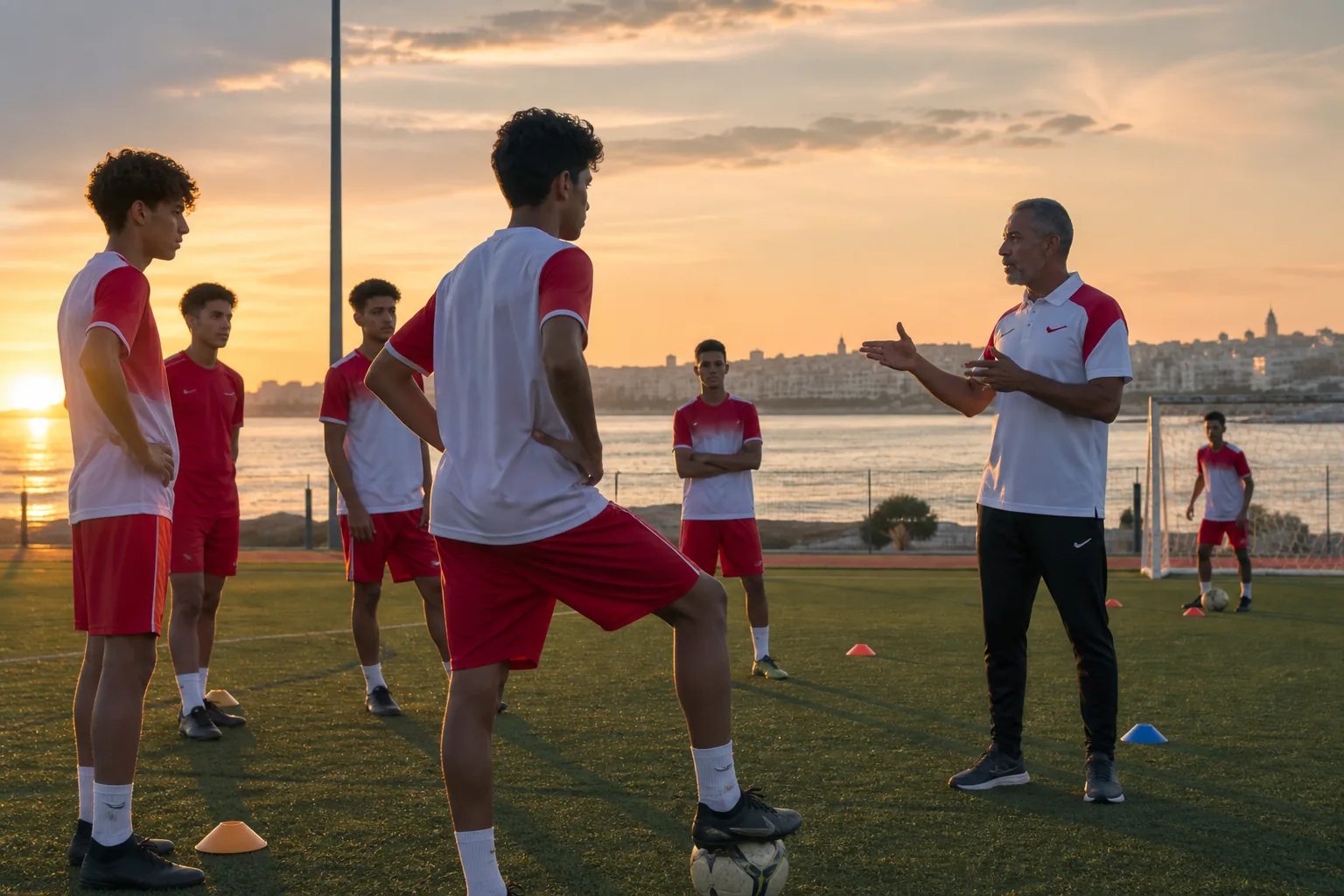 Young Tunisian footballers training on a coastal pitch near Tunis at sunset with an experienced coach