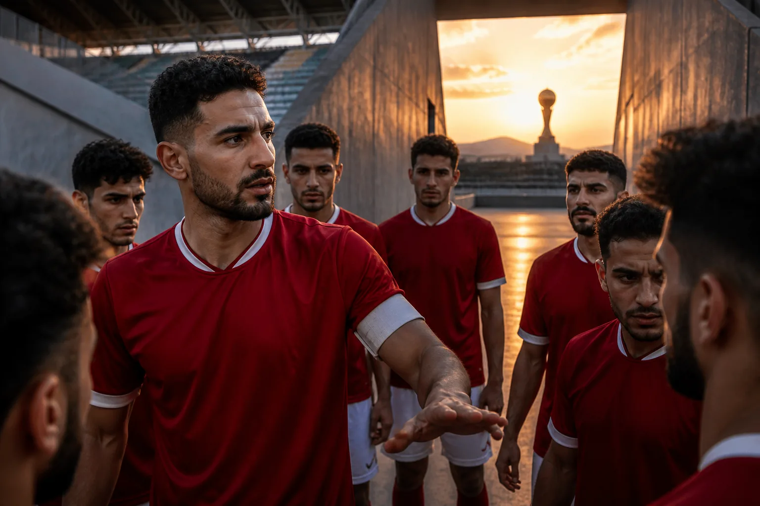 A fictional Tunisian defender leading his team through a stadium tunnel toward a World Cup match