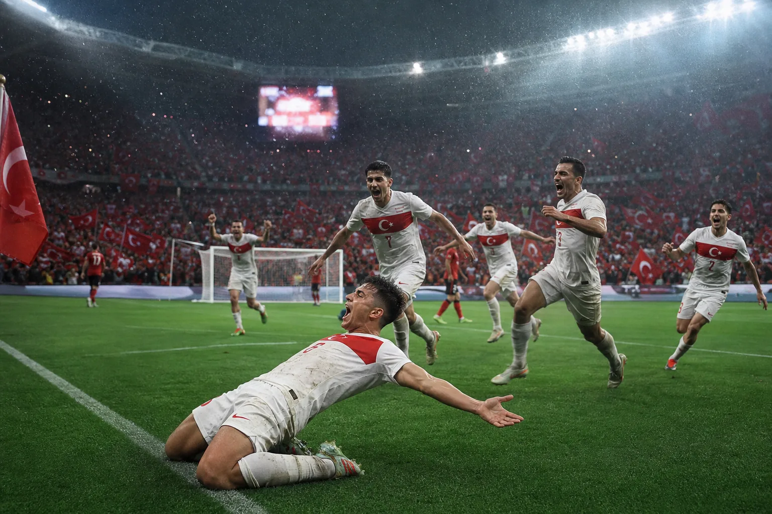 Fictional Turkish players celebrating a dramatic late equaliser in a knockout match