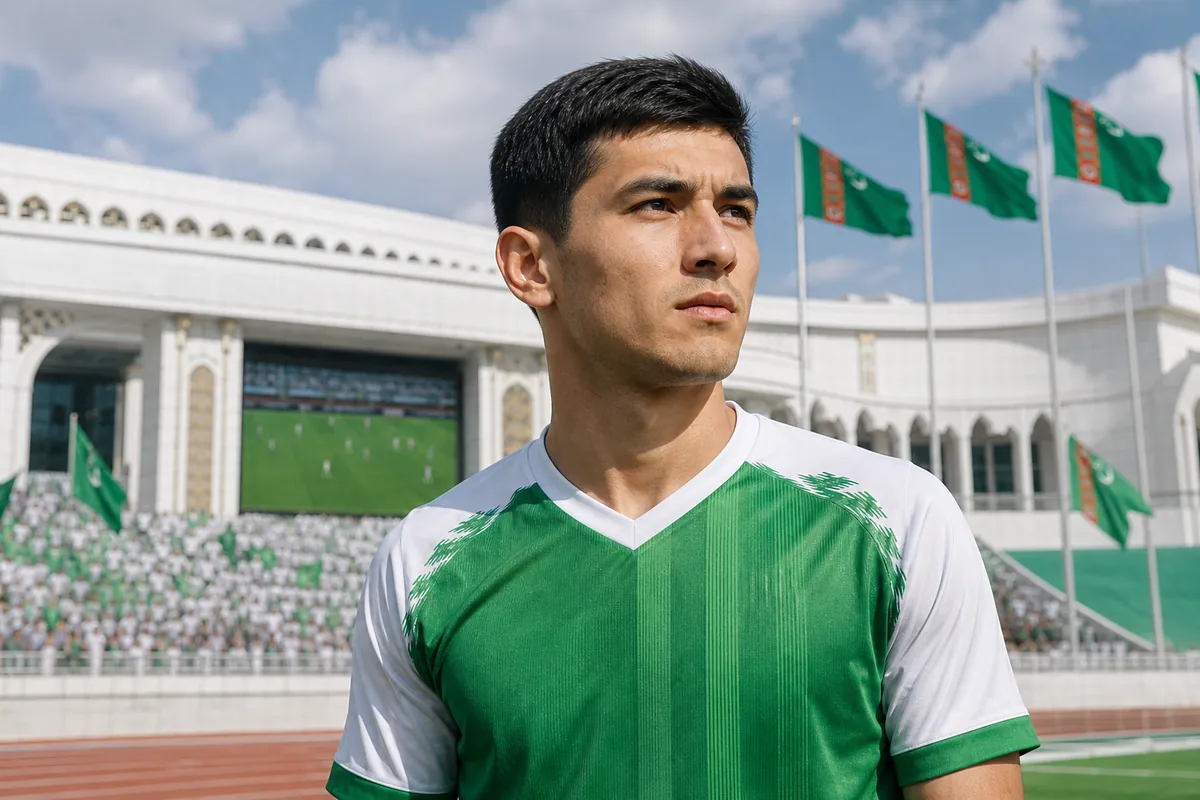 A fictional Turkmenistan national-team forward inspired by Altymyrat Annadurdyýew standing before an Ashgabat-inspired stadium with green flags