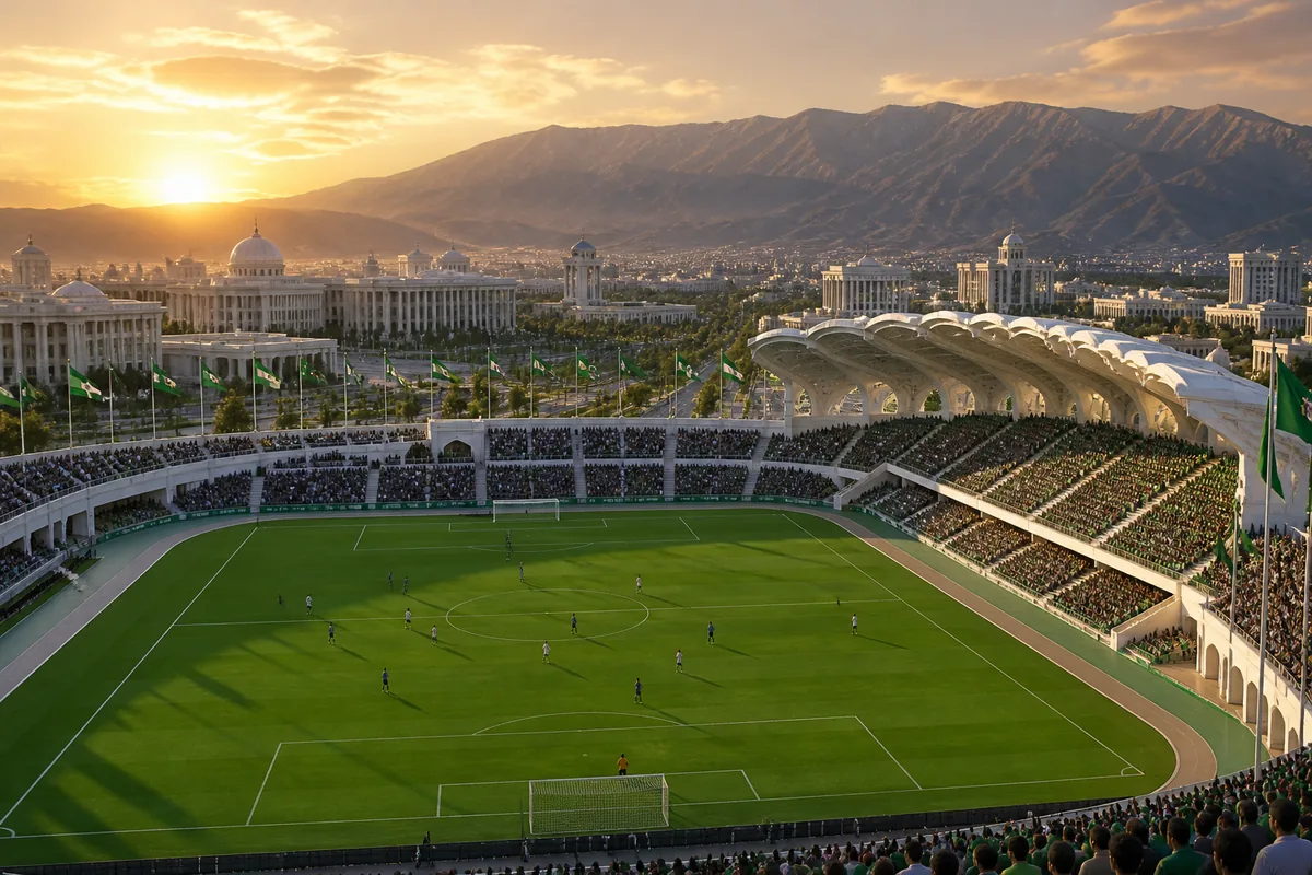 A modern Ashgabat football stadium-inspired ground at sunset with white marble architecture, green flags and the Kopet Dag mountains