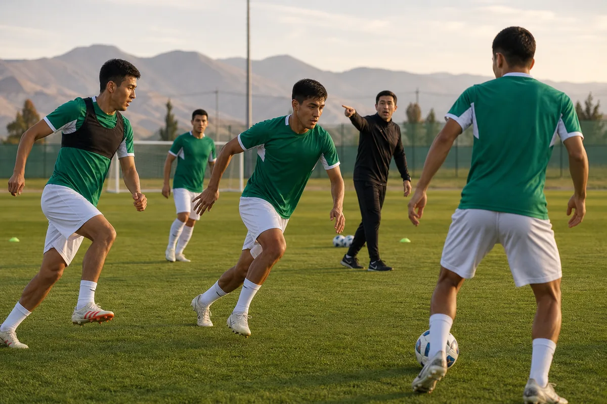 Fictional Turkmenistan national-team players working through an intense counter-attacking drill on a green training pitch