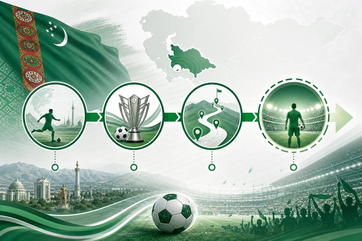 Text-free editorial timeline illustration of Turkmenistan's international beginning, 2004 Asian Cup debut, AFC qualifying road and future return target