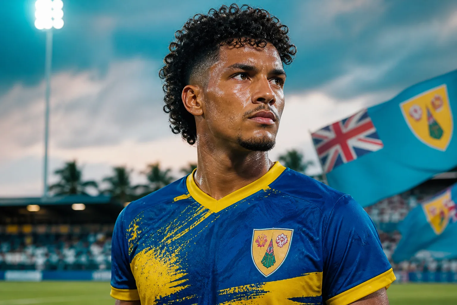 A fictional editorial portrait inspired by Turks and Caicos Islands footballer Gavin Glinton in a blue-and-yellow national-team kit