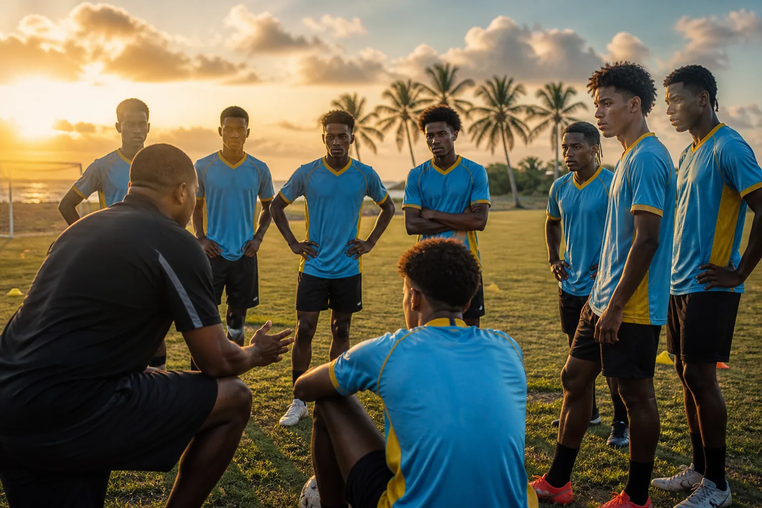 Young Turks and Caicos Islands footballers training with a coach at sunset