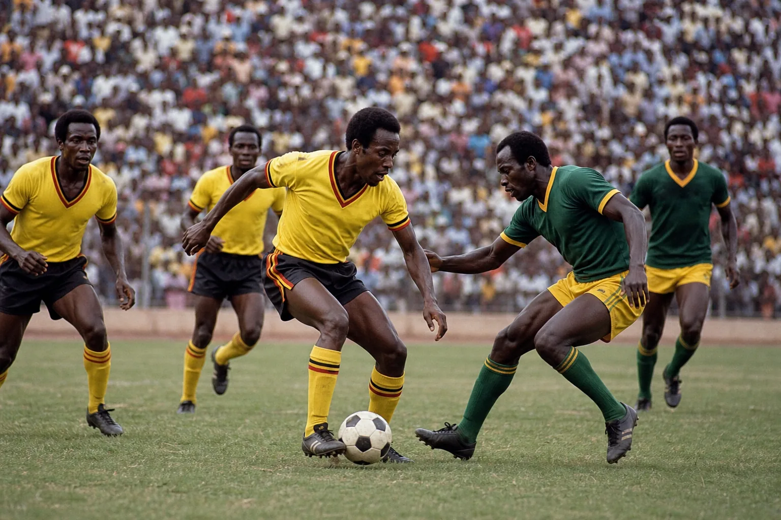 Uganda footballers evoking the historic 1978 AFCON final before packed African stands
