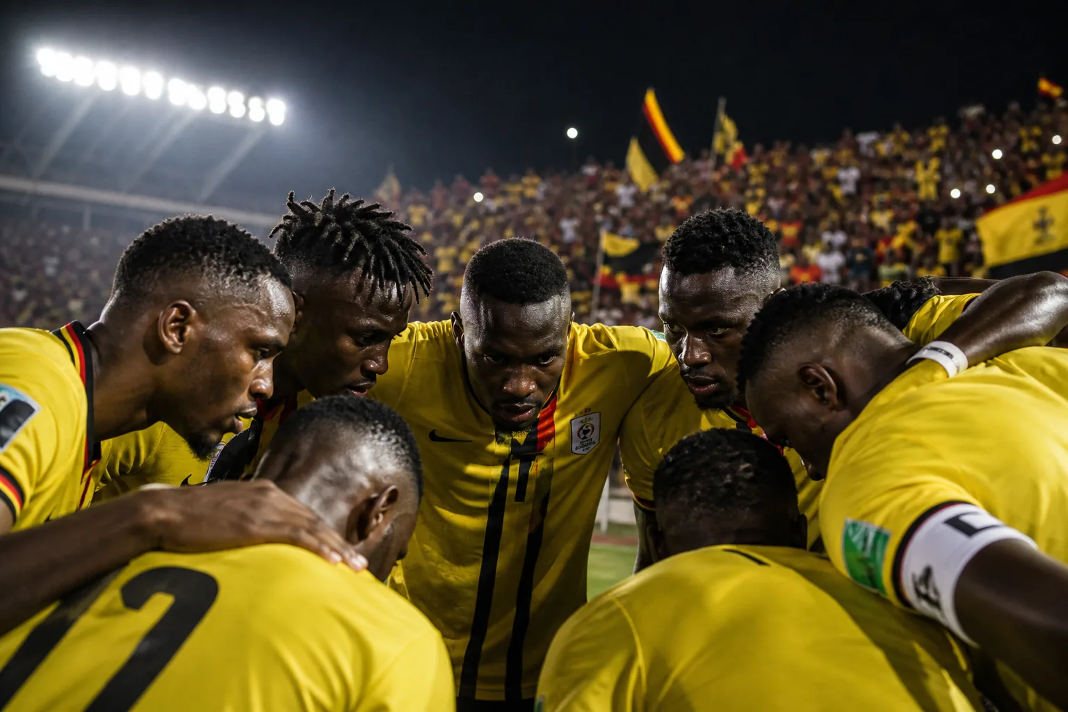 Uganda Cranes preparing together before an international match in yellow kits