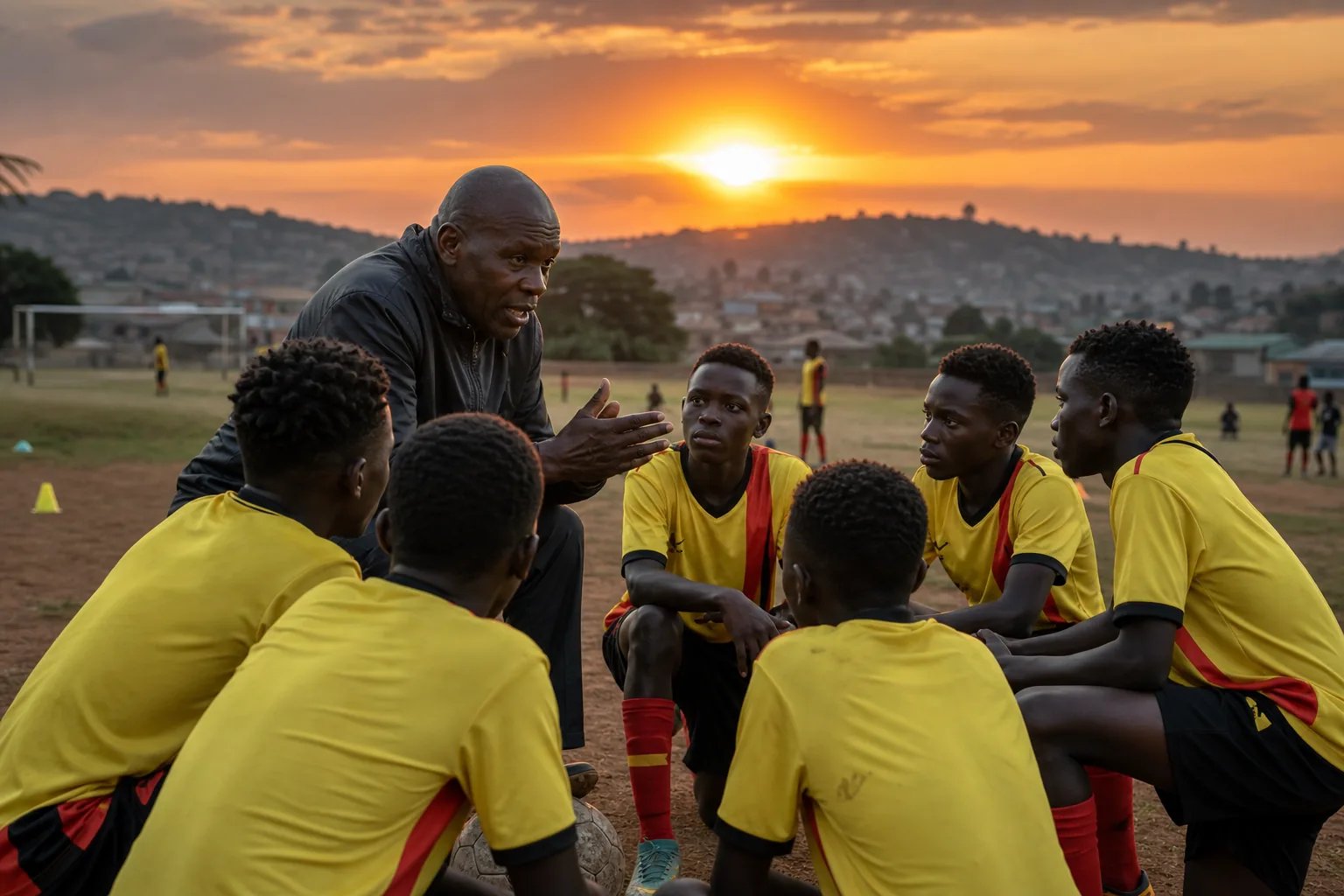 Young Ugandan footballers training with an experienced coach at sunset