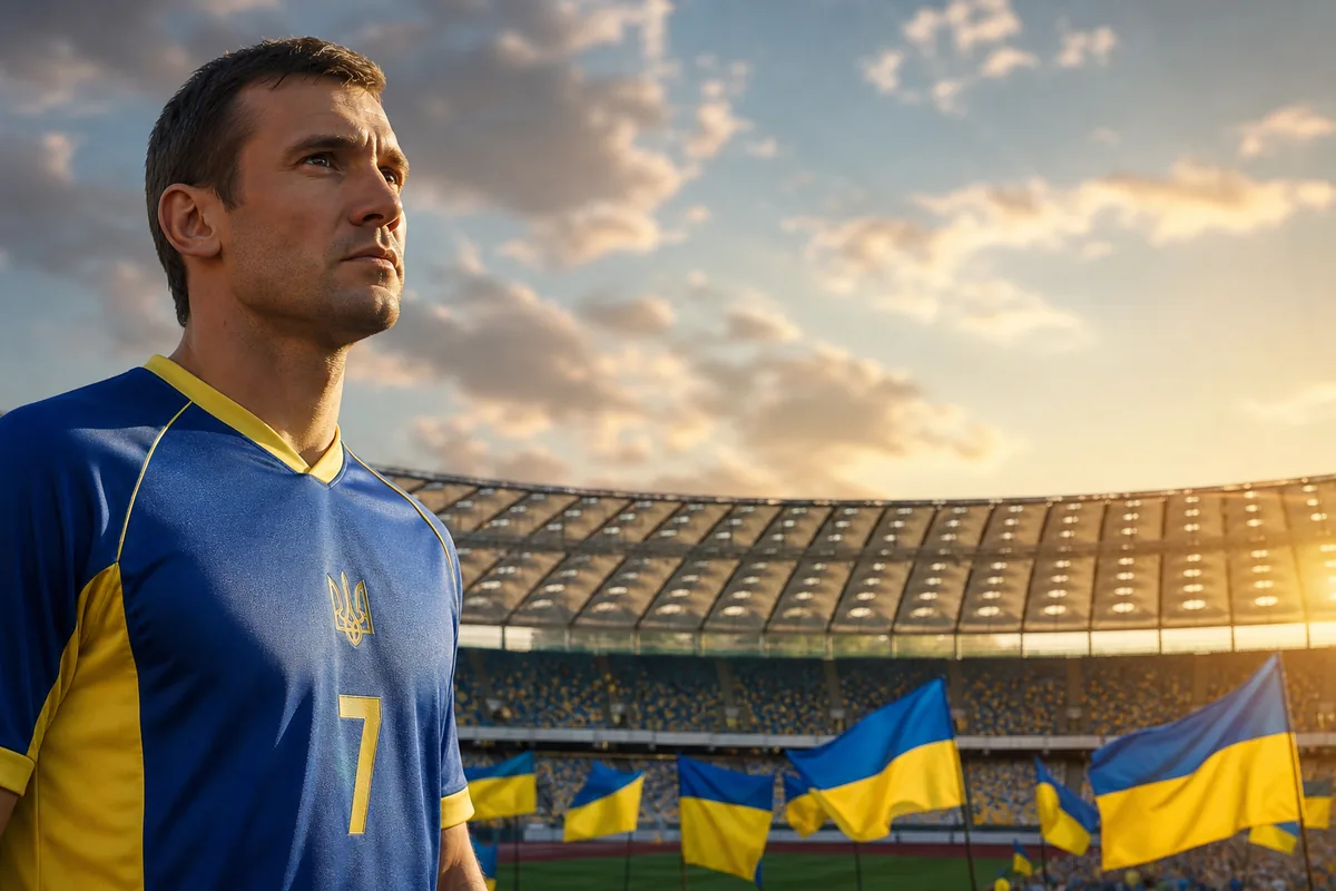 A fictional Ukrainian national-team striker inspired by Andriy Shevchenko standing before a stadium with blue-and-yellow flags