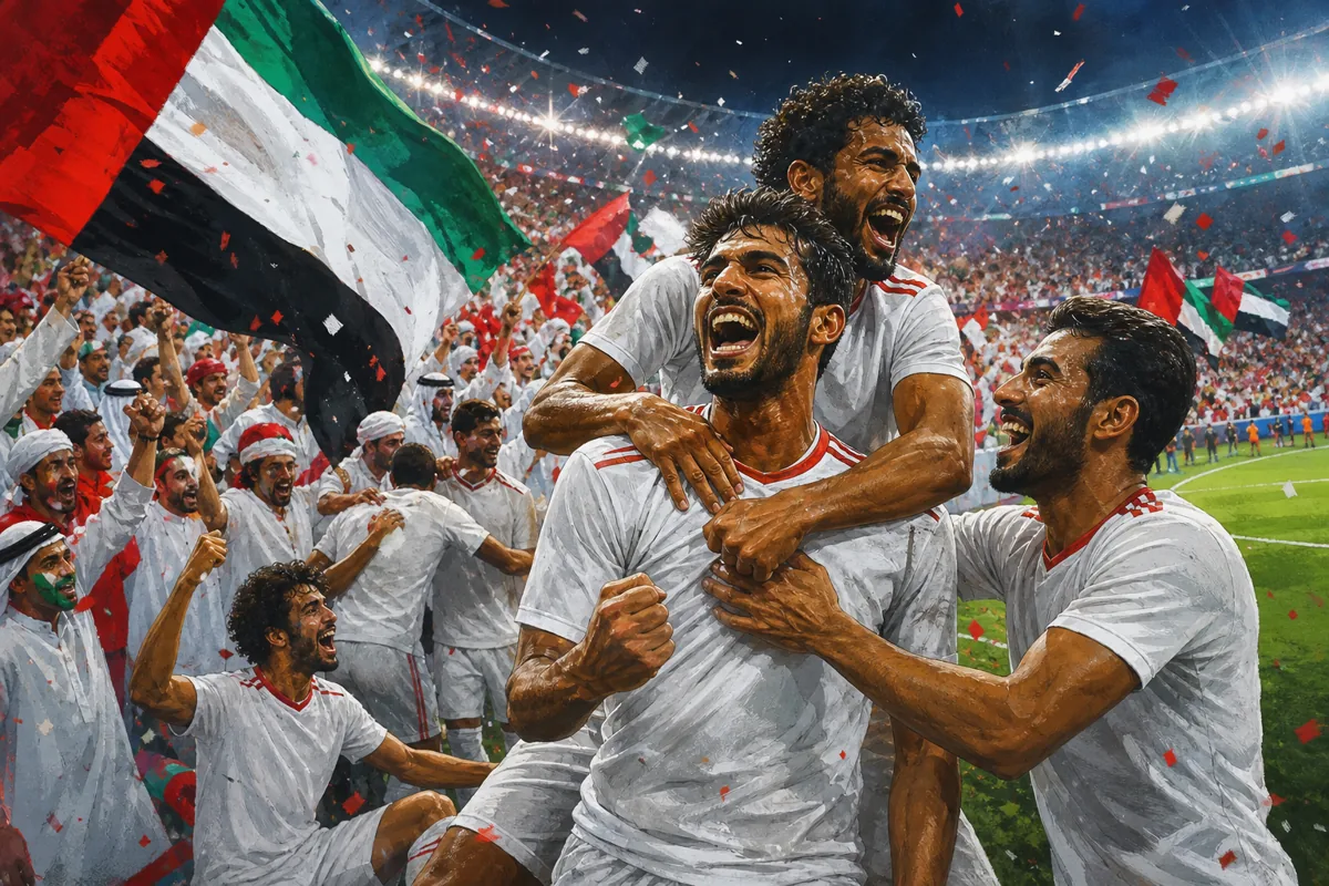 Fictional Emirati footballers celebrating a dramatic 2019 Asian Cup knockout victory in a packed stadium