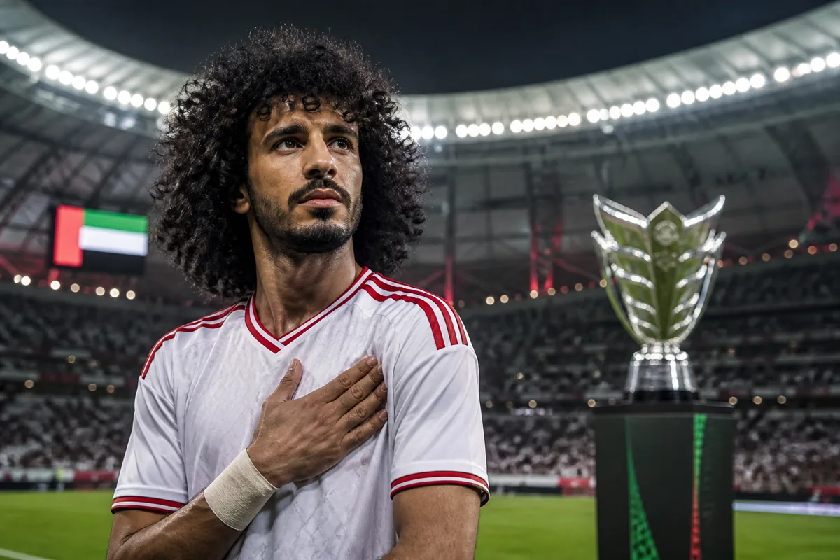 Editorial sports portrait of a fictional UAE playmaker inspired by Omar Abdulrahman in a modern Abu Dhabi stadium with an Asian Cup trophy behind him