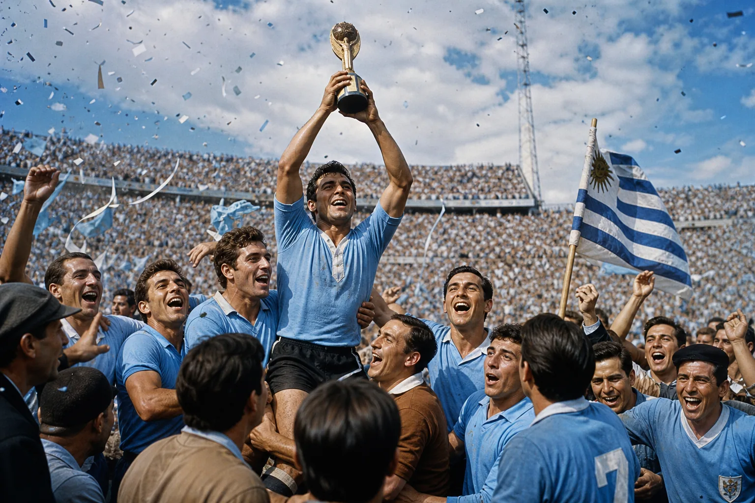 Uruguay celebrating the first World Cup triumph in a packed Estadio Centenario