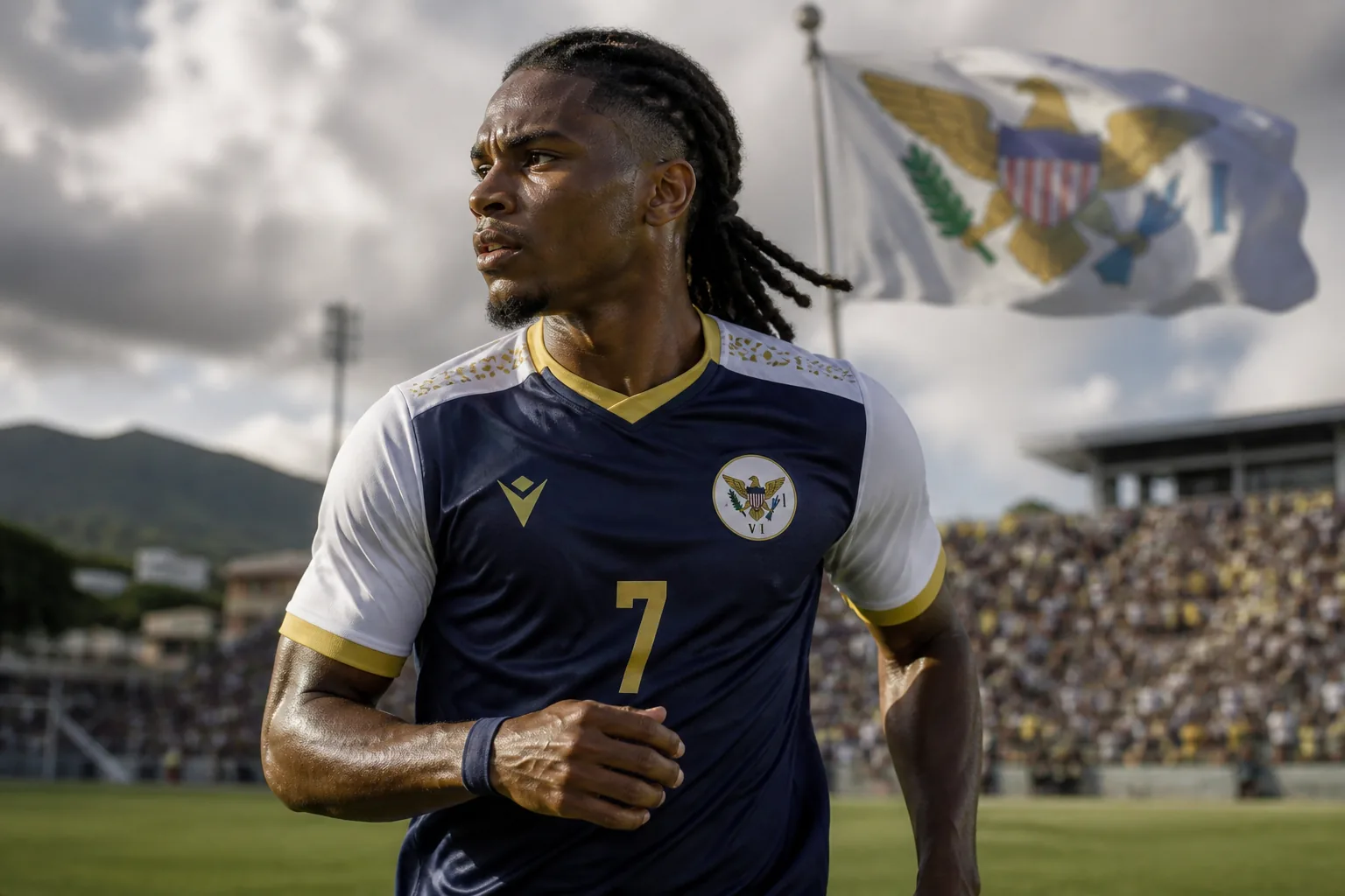 A fictional editorial portrait inspired by US Virgin Islands footballer Jemal Leach in a navy-and-white national-team kit