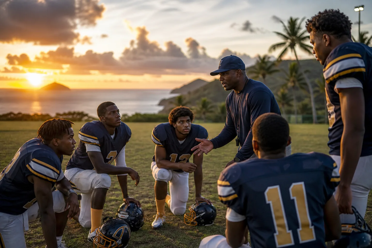 Young US Virgin Islands footballers training with a coach at sunset on a Caribbean pitch